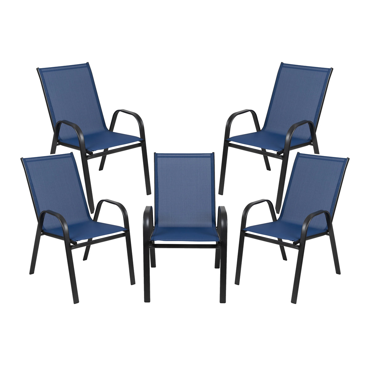 Lot de 5 chaises d’extérieur empilables BizChair noires avec matériau Flex Comfort et structure en métal
