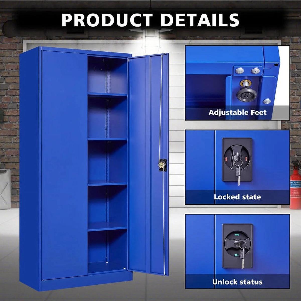 Armoire de rangement en métal Fesbos pour garage avec 2 portes et 4 étagères réglables - Classeur en acier verrouillable de 71, armoire à outils verrouillable pour bureau, maison, garage, salle de sport (Bleu)