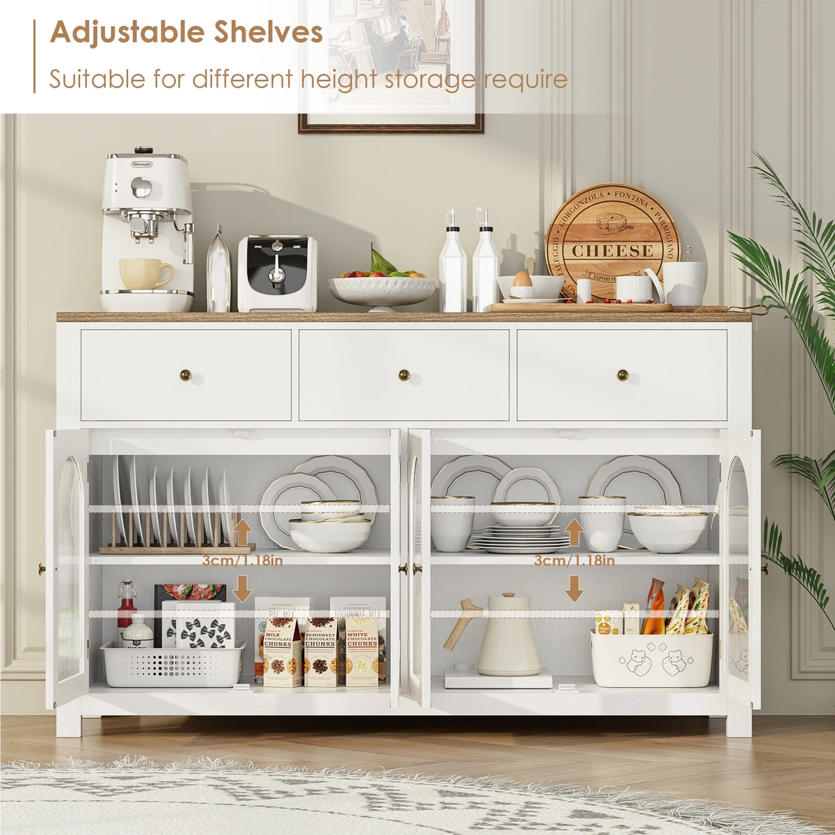 Homfa Grand buffet de 55'', meuble de rangement de cuisine avec 3 tiroirs et 4 portes vitrées, meuble bar en bois pour salon, blanc