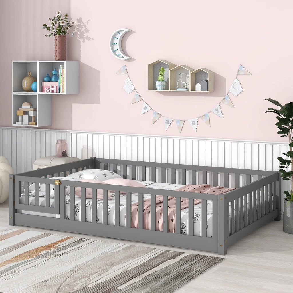 uhomepro Cadre de lit au sol en bois 2 places avec barrière et porte pour enfants et tout-petits, Gris