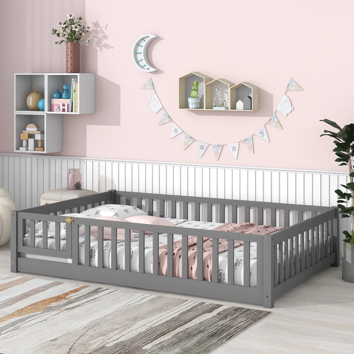 uhomepro Cadre de lit au sol en bois 2 places avec barrière et porte pour enfants et tout-petits, Gris