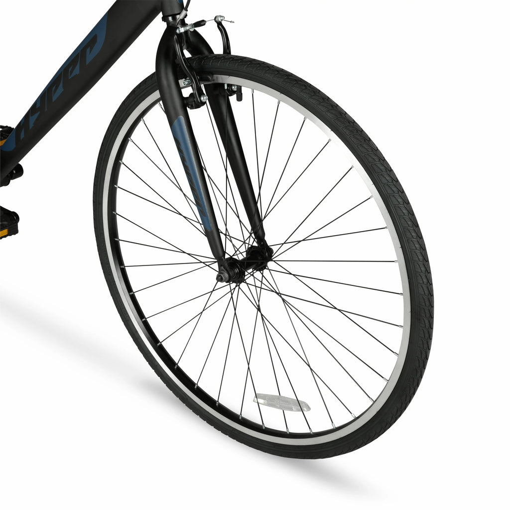 Vélo hybride Hyper Brand Bicycle 700c Spin Fit pour homme, noir et bleu, adulte