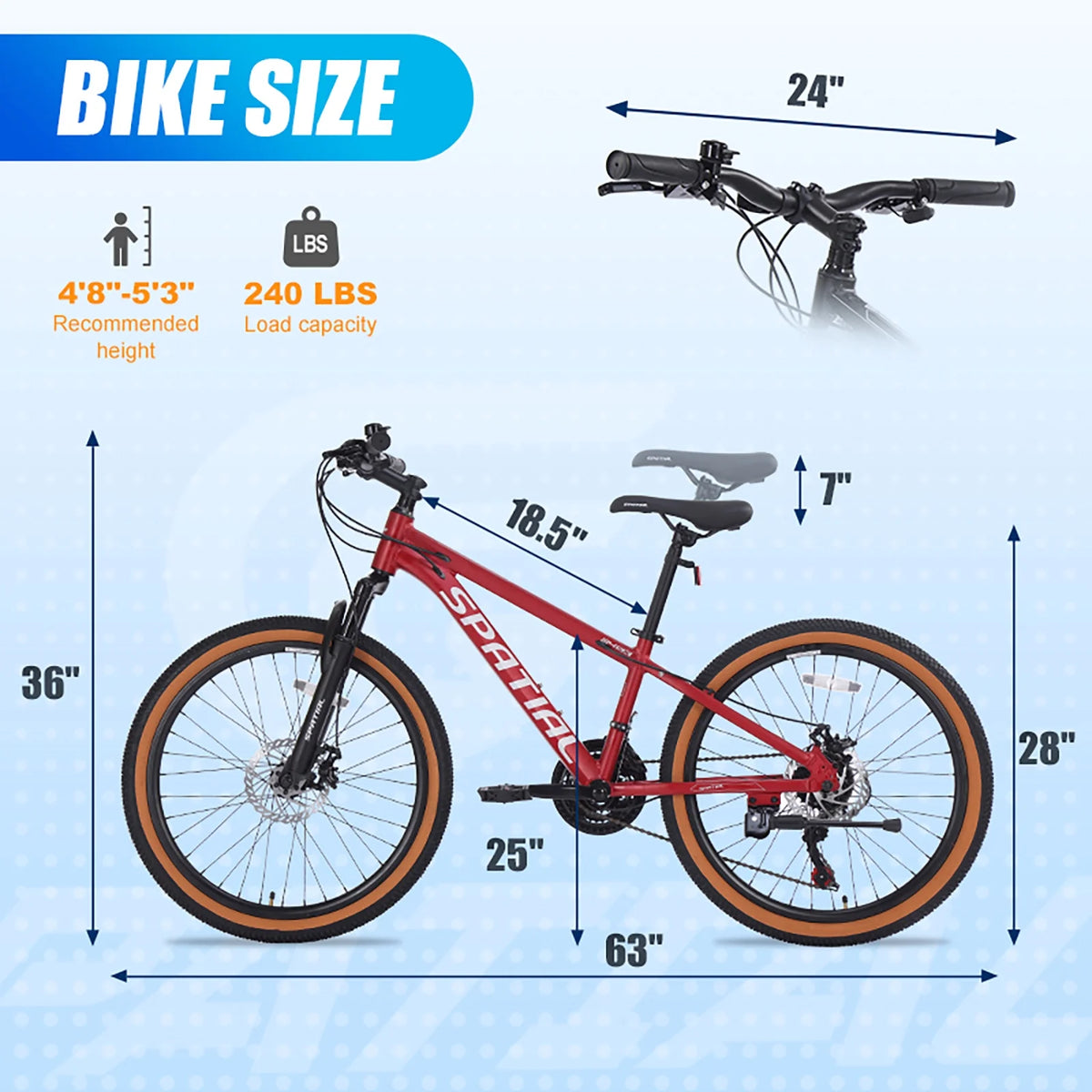 Vélo tout-terrain SPATIAL 24 pouces pour adolescents, VTT 21 vitesses, cadre en aluminium et doubles freins à disque