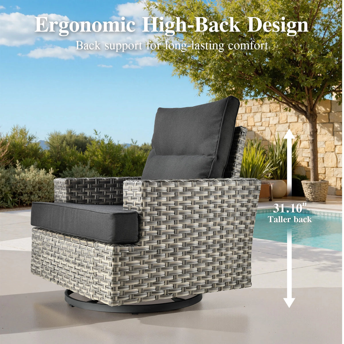Ovios Salon de jardin modulable moderne en résine tressée toutes saisons à dossier haut, 10 pièces, avec table brasero au propane et fauteuil pivotant, gris foncé