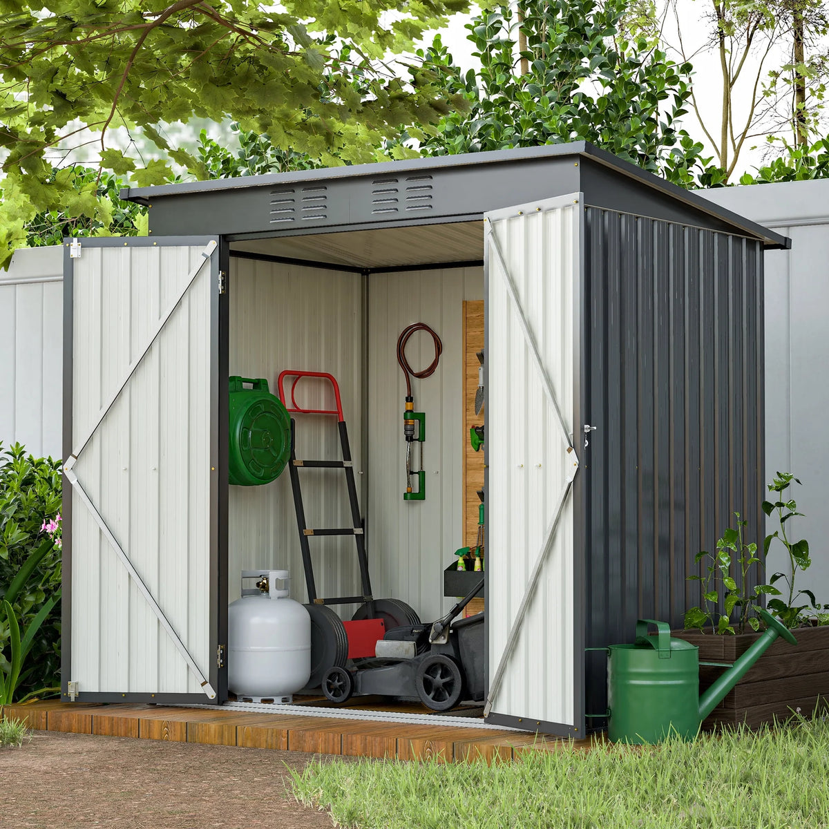 Abri de rangement extérieur de 6 x 4 pi avec cadre de plancher, abri de rangement extérieur avec porte verrouillable, abri pour outils de jardin toutes saisons avec grille d’aération pour maison, cour arrière, terrasse et pelouse, noir