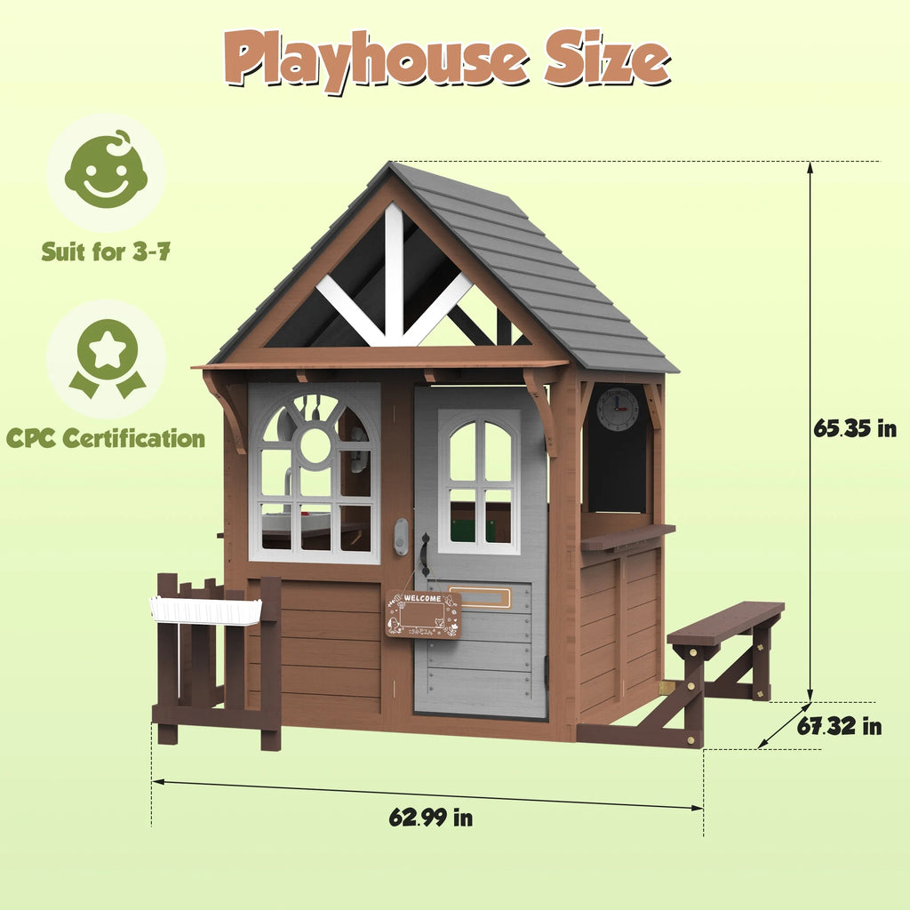 COCLUB Maison de jeu d’extérieur, Maison de jeu en bois pour enfants et tout-petits, Grande maison de jeu avec banc/Clôture/Cuisine/Plaque nominative/Téléphone factice, Jouet d’extérieur cadeau pour filles et garçons à partir de 3 ans, (62,99 l × 67,32 L)