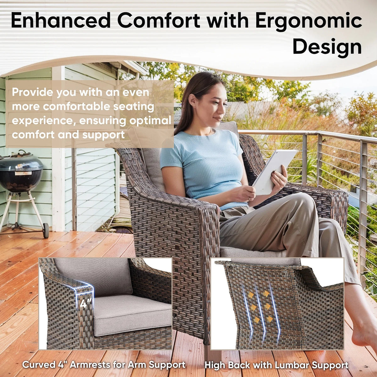 Lot de 2 chaises de patio d'extérieur en résine tressée Bellefurn avec table d'appoint, chaises en rotin tressé toutes saisons, mobilier de jardin pour porche, balcon, cour arrière, jardin et terrasse
