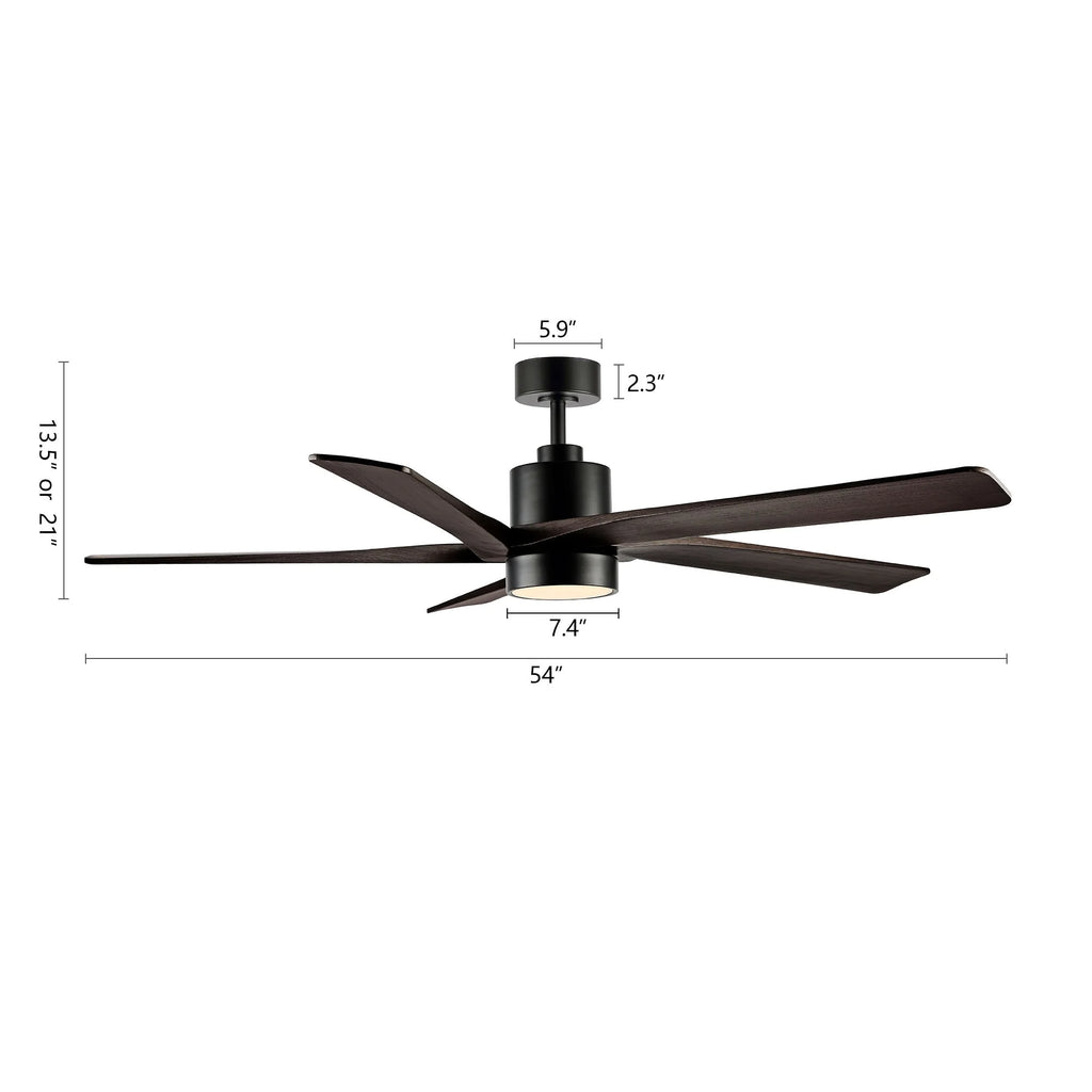 Ventilateur de plafond WINGBO 54 pouces à courant continu avec éclairage et télécommande, 5 pales réversibles en bois sculpté, laiton/noir