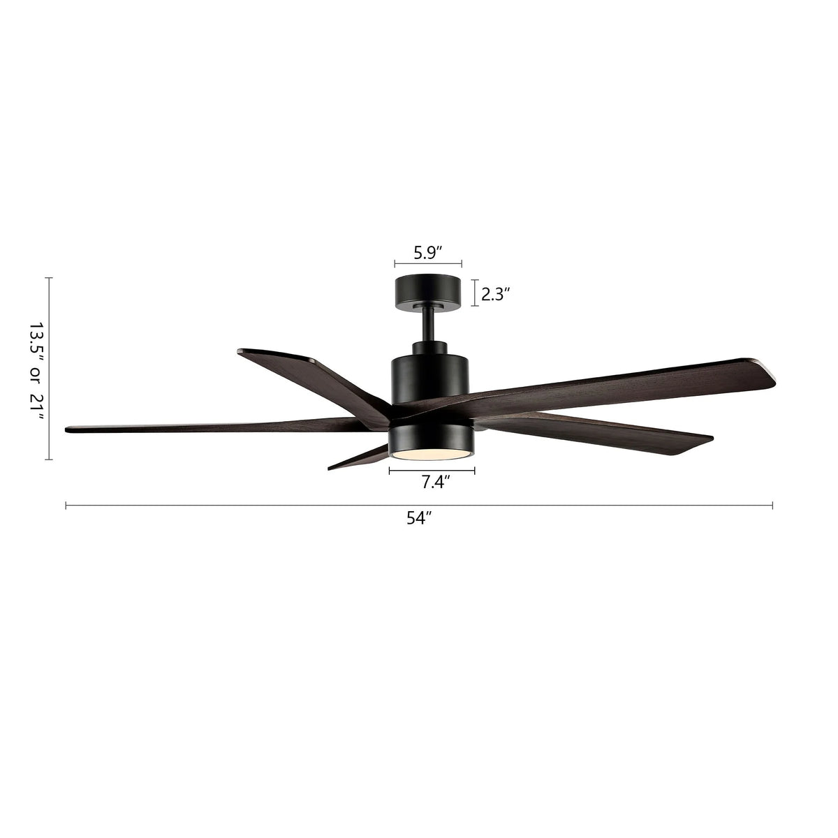 Ventilateur de plafond WINGBO 54 pouces à courant continu avec éclairage et télécommande, 5 pales réversibles en bois sculpté, laiton/noir