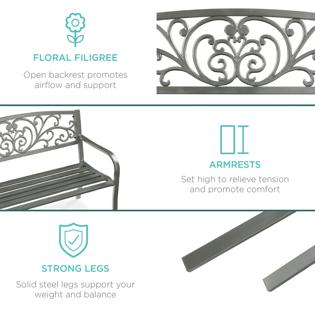 Best Choice Products Banc en Acier d'Extérieur Jardin Patio Porche Meuble avec Dossier à Motif Floral - Noir