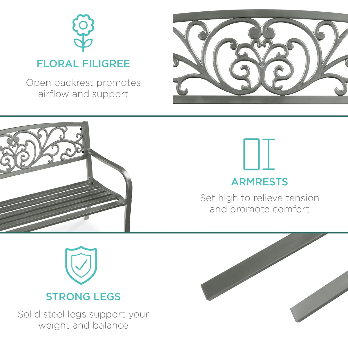 Best Choice Products Banc en Acier d'Extérieur Jardin Patio Porche Meuble avec Dossier à Motif Floral - Noir