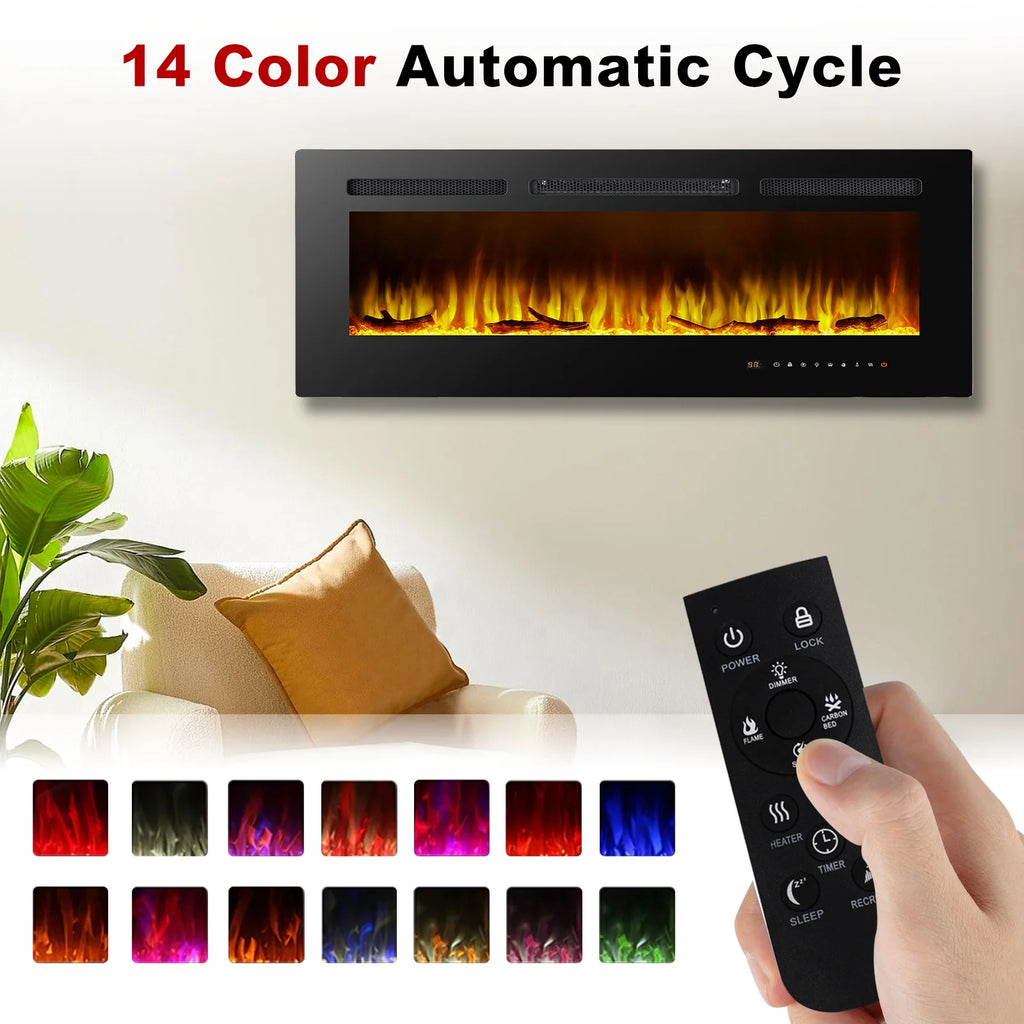 Cheminée électrique 60, cheminée encastrable ultra-fine et murale, cheminée linéaire avec minuterie, télécommande, couleur de flamme réglable, 750 w/1 500 w, noire