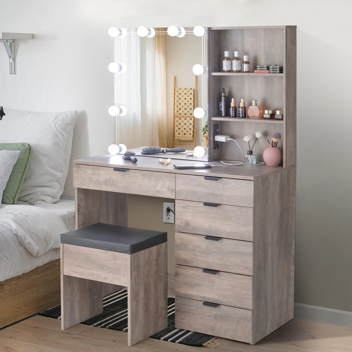 Coiffeuse Ktaxon avec miroir éclairé à 3 couleurs & station de charge, table de maquillage avec 3 étagères de rangement & tiroirs, bureau de toilette avec tabouret, gris rétro