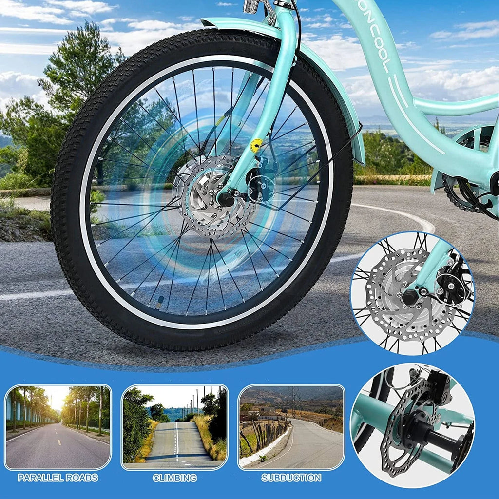 Tricycle électrique ABORON 350W, 7 vitesses, 24/26 pouces, motorisé, 3 roues, pour adultes, avec batterie au lithium 36V 10Ah certifiée UL, panier arrière