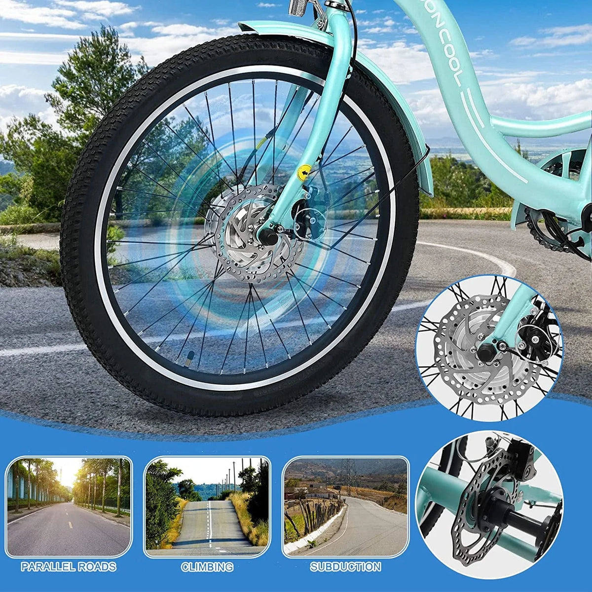 Tricycle électrique ABORON 350W, 7 vitesses, 24/26 pouces, motorisé, 3 roues, pour adultes, avec batterie au lithium 36V 10Ah certifiée UL, panier arrière