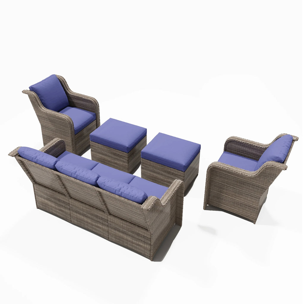 Salon de jardin Ainfox 7 pièces en promotion, canapé en rotin gris avec coussins gris