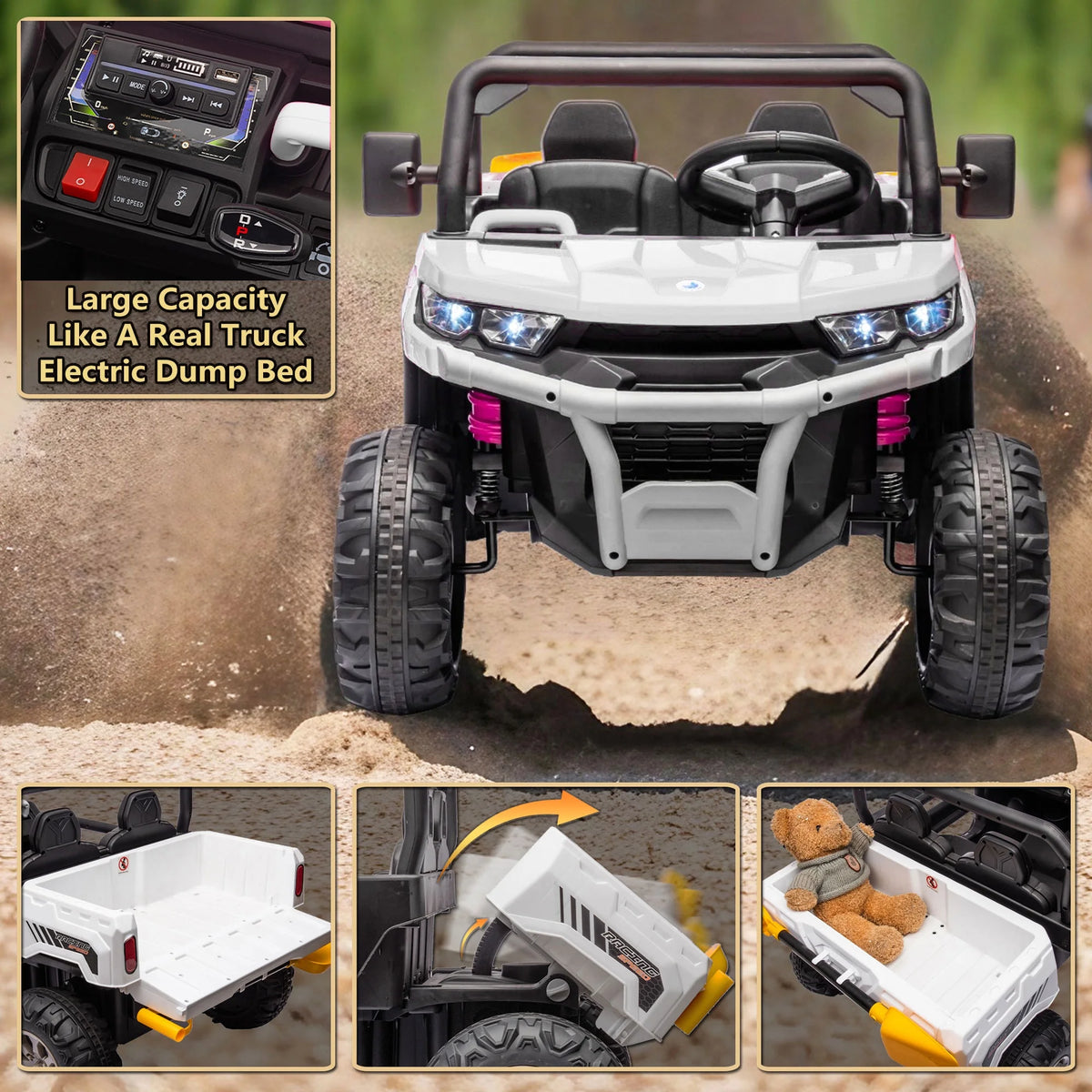 Xuanlur Voiture électrique pour enfants 24V 2 places, UTV avec moteur 2x200W, Jouet électrique 24 volts avec benne/pelle, Voiture électrique pour enfants avec pneus résistants, lumière LED, musique, télécommande, noire