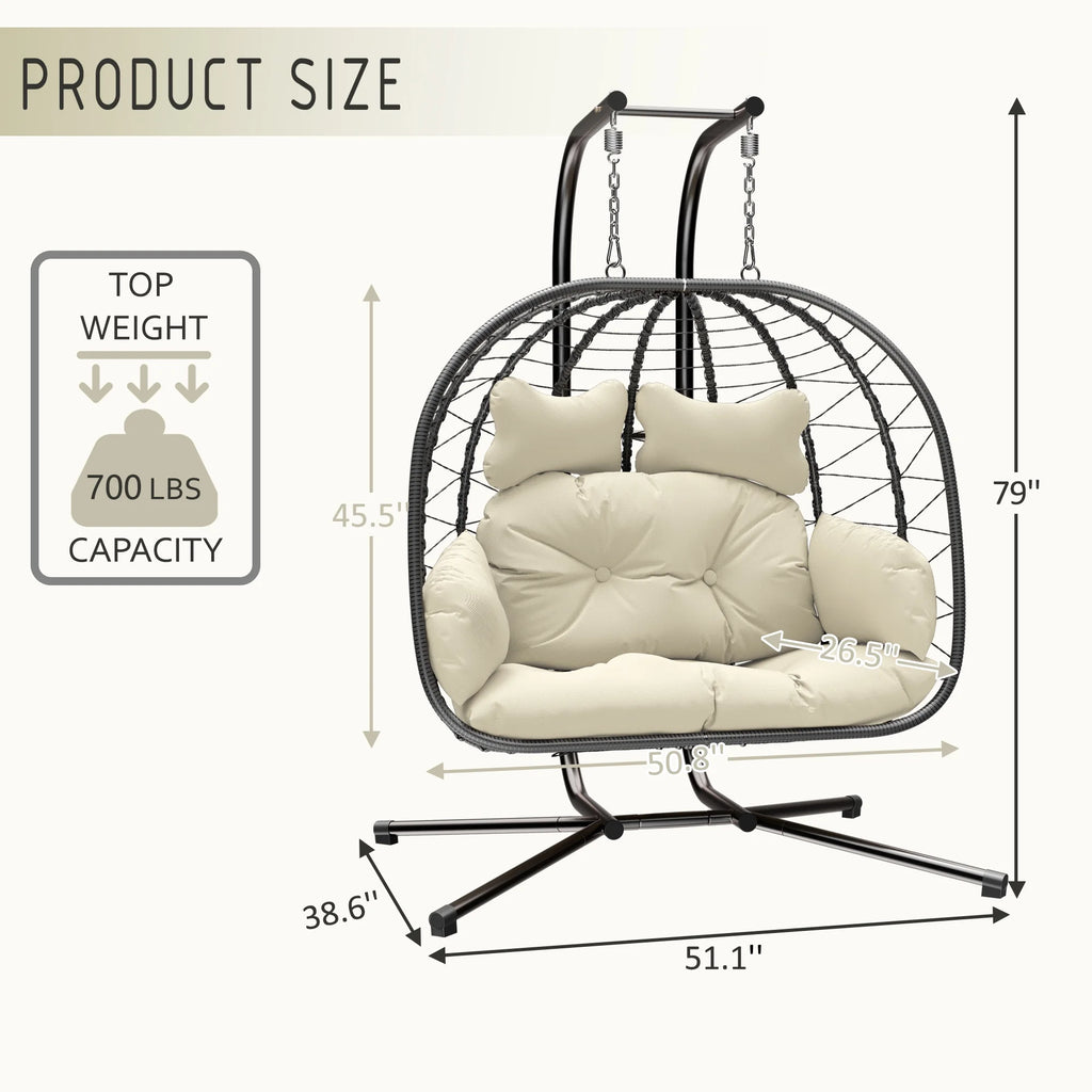 Bifanuo Fauteuil œuf balancelle double en osier, canapé suspendu pliant avec support, coussins amovibles résistants aux UV, capacité de 700 lb pour chambre, balcon (noir et beige)