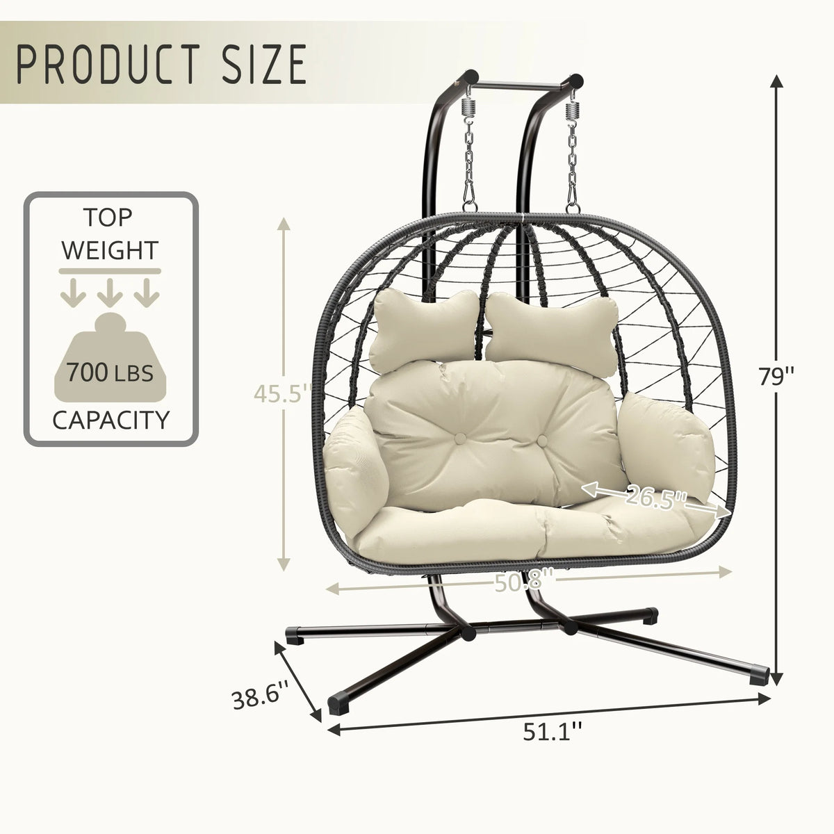 Bifanuo Fauteuil œuf balancelle double en osier, canapé suspendu pliant avec support, coussins amovibles résistants aux UV, capacité de 700 lb pour chambre, balcon (noir et beige)