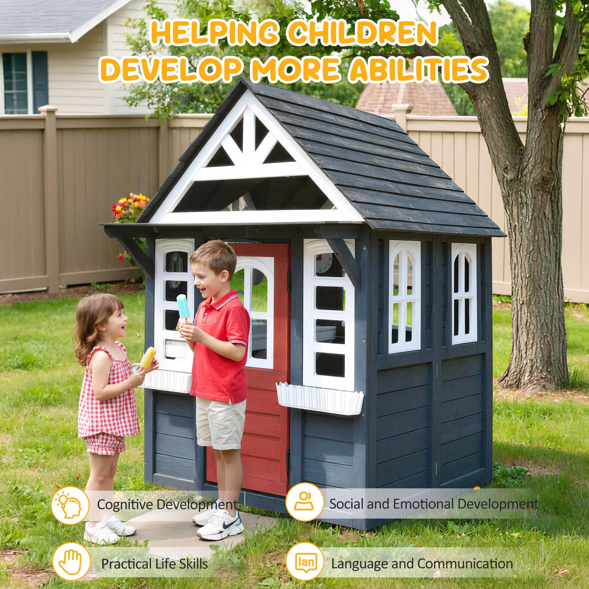 COCLUB Maison de jeu d’extérieur pour enfants de 4 à 8 ans, maison en bois avec sonnette, téléphone et jouets de cuisine, équipement de jeu extérieur pour enfants, maison pour filles (45L x 65H), blanc et noir