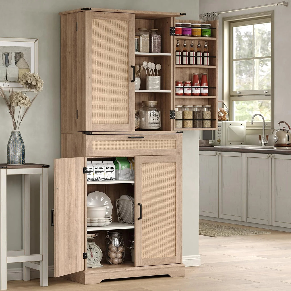 FUSOU Armoire de rangement de cuisine 72'', Armoire haute avec 8 étagères de porte, 2 placards et 1 tiroir, Meuble autoportant pour cuisine, salle à manger, salle de bain, buanderie