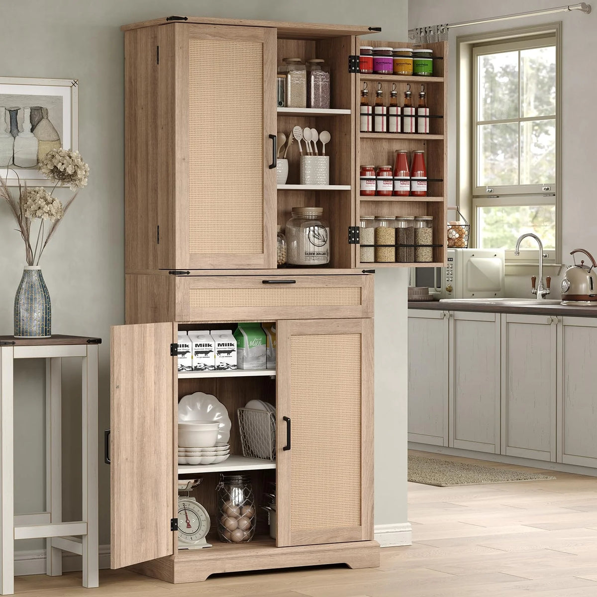 FUSOU Armoire de rangement de cuisine 72'', Armoire haute avec 8 étagères de porte, 2 placards et 1 tiroir, Meuble autoportant pour cuisine, salle à manger, salle de bain, buanderie
