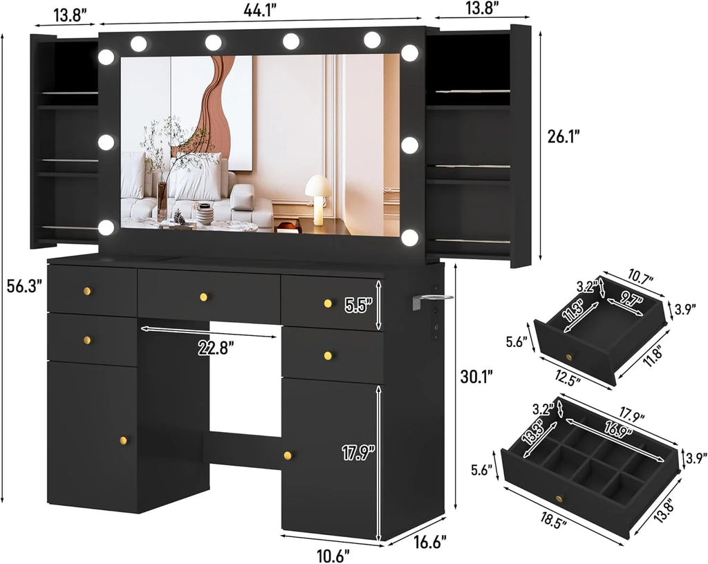 Coiffeuse blanche avec grand miroir lumineux et prise électrique, table de maquillage avec plateau en verre et tiroirs, rangement coulissant, grande coiffeuse de maquillage de 44,1 pour femmes et filles, blanche