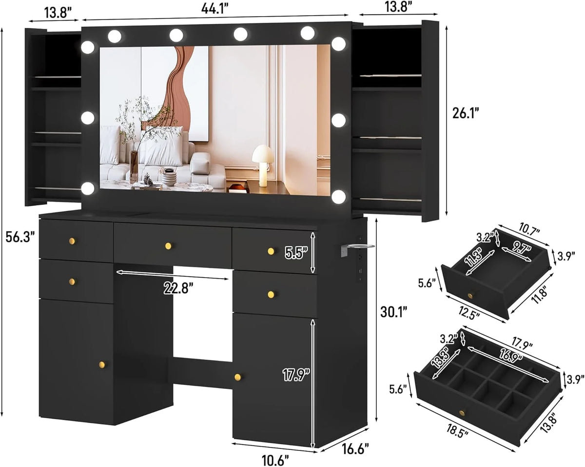 Coiffeuse blanche avec grand miroir lumineux et prise électrique, table de maquillage avec plateau en verre et tiroirs, rangement coulissant, grande coiffeuse de maquillage de 44,1 pour femmes et filles, blanche