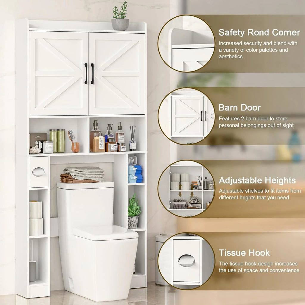Meuble de rangement Vabches au-dessus des toilettes avec porte-papier toilette, avec étagère réglable et 2 portes