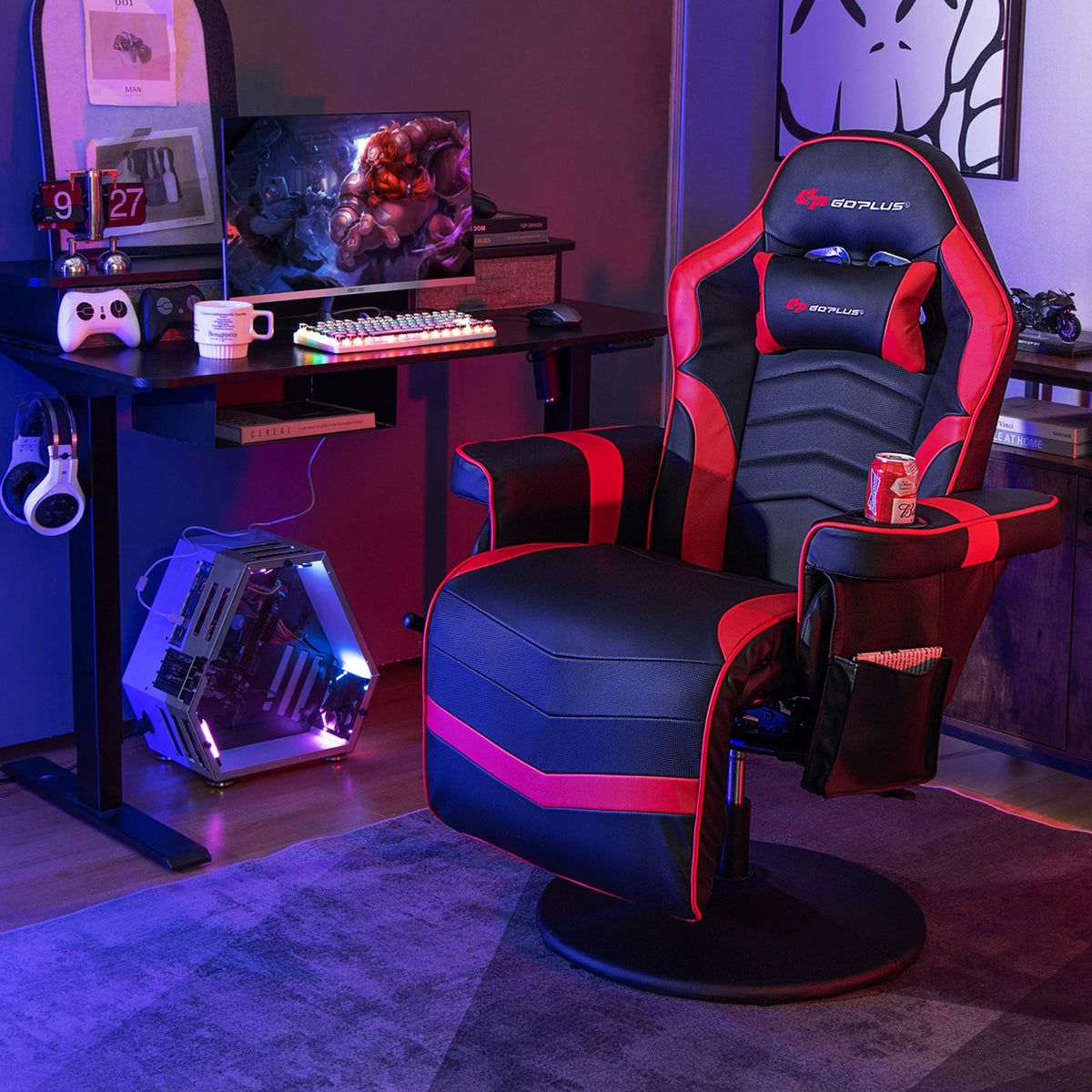 Fauteuil gaming inclinable Goplus avec massage, réglable en hauteur, pivotant, style racing, avec porte-gobelet, rouge