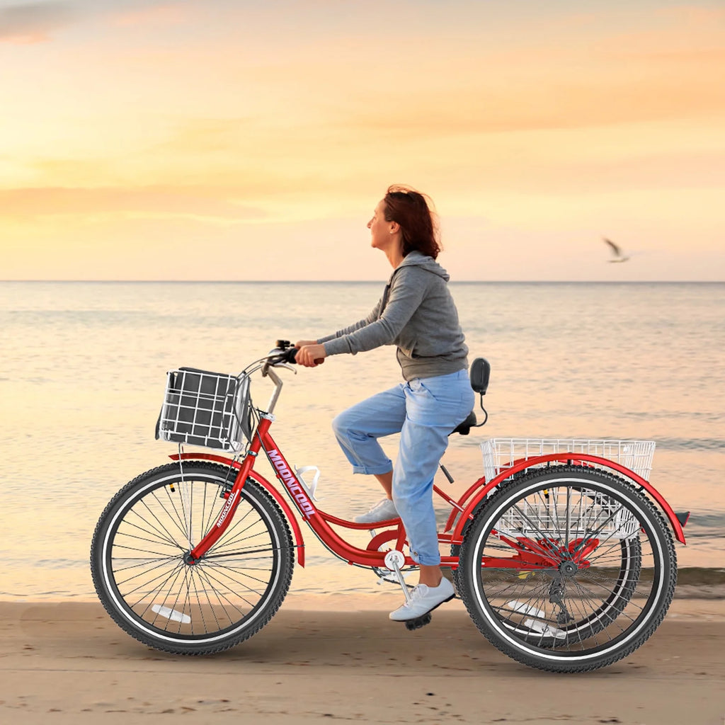 Tricycles pour adultes MOONCOOL avec panier arrière et pompe à pied, vélos à 3 roues 7 vitesses de 24 et 26 pouces, vélo à trois roues pour adultes avec dossier pour seniors, femmes et hommes