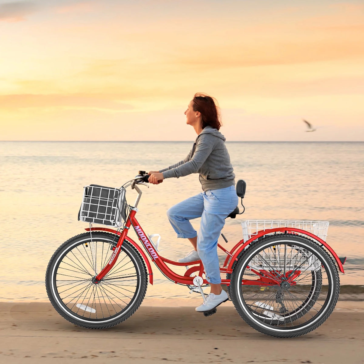 Tricycles pour adultes MOONCOOL avec panier arrière et pompe à pied, vélos à 3 roues 7 vitesses de 24 et 26 pouces, vélo à trois roues pour adultes avec dossier pour seniors, femmes et hommes