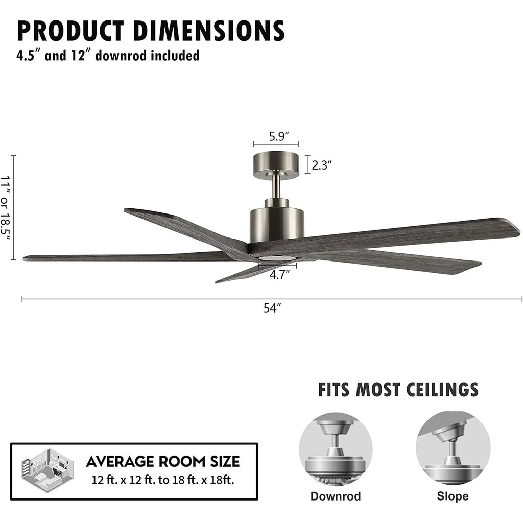 Ventilateur de plafond WINGBO 54 pouces à courant continu avec éclairage et télécommande, 5 pales réversibles en bois sculpté, laiton/noir