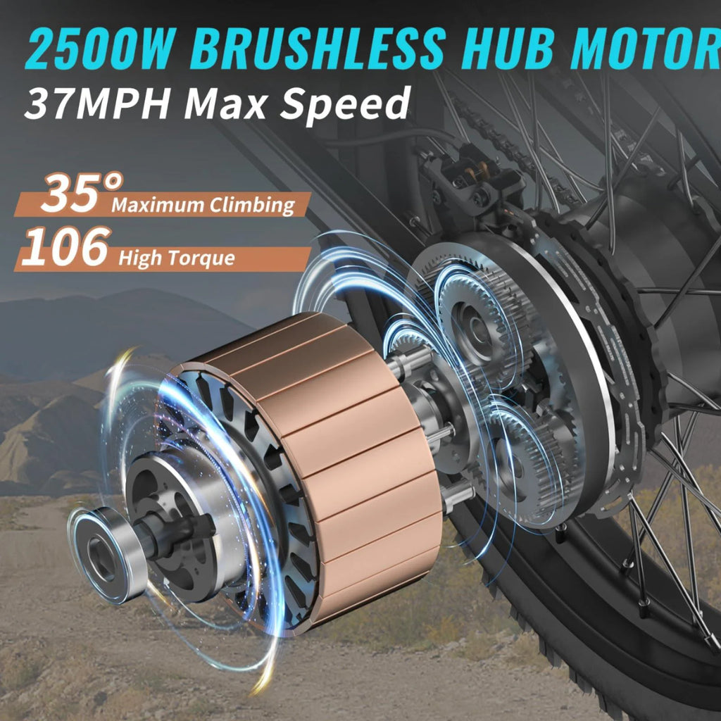 Riding'times GT73 Moto tout-terrain électrique pour adultes, 37 MPH 48V36.4AH 2400W 1747Wh Vélo électrique à double batterie, Autonomie de 85+ miles, Pneu de moto 25 Certifié UL2849, Suspension intégrale