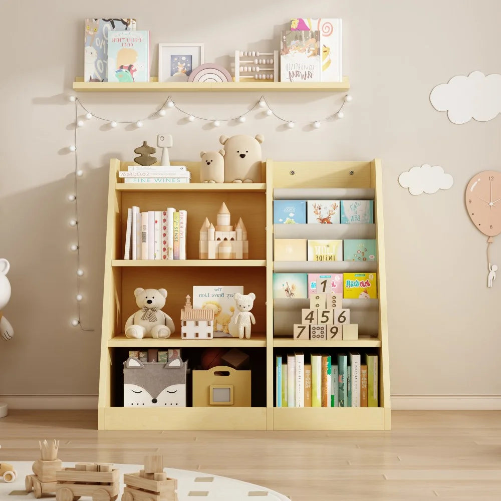 IVV Bibliothèque Montessori pour enfants, Bibliothèque moderne en bois à 4 niveaux, Étagère à livres et jouets pour enfants, Support d’étagère en tissu, Pour salle de classe, chambre, chambre de bébé ou salle de jeux (Rose)
