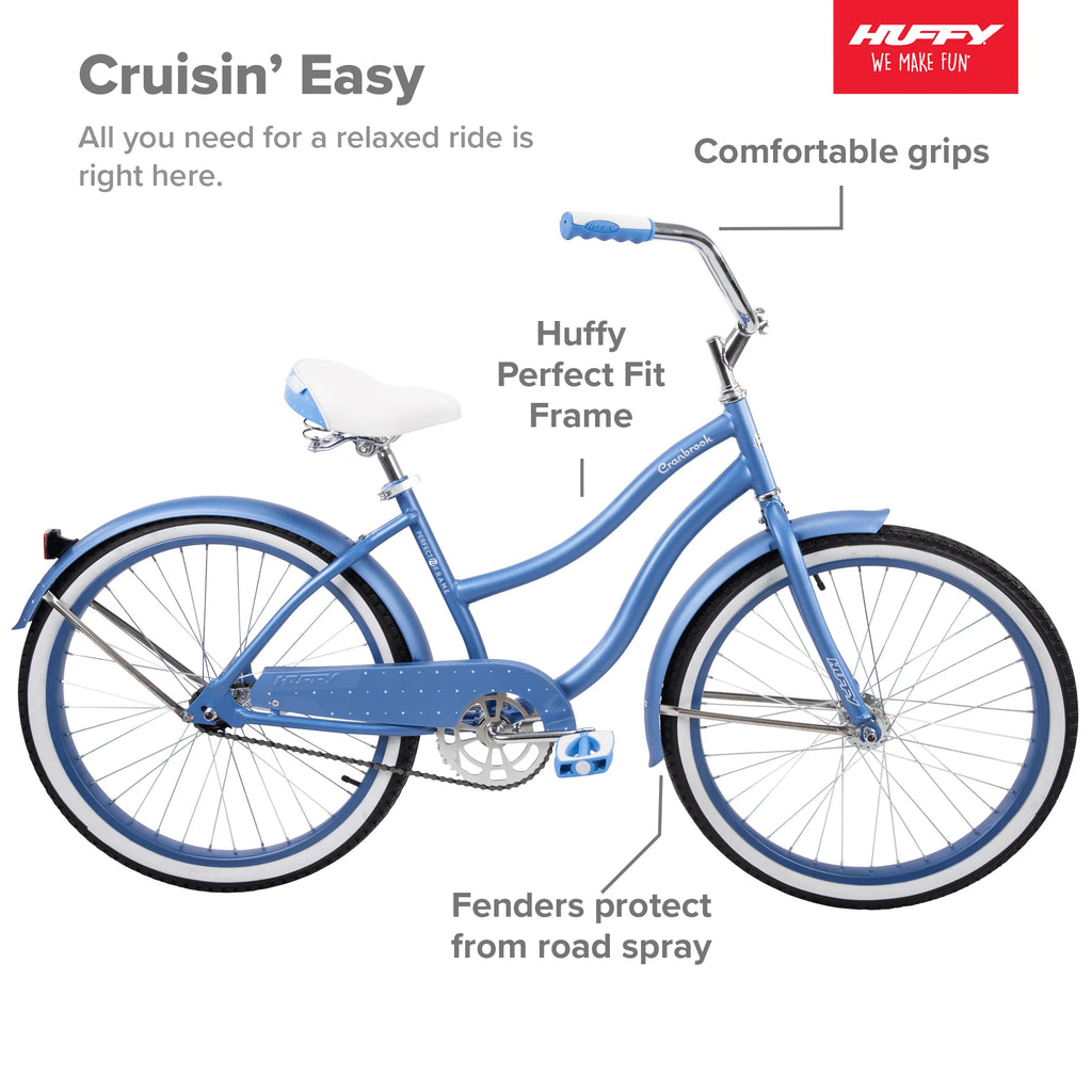 Vélo cruiser Huffy 24 Cranbrook pour fille avec cadre à ajustement parfait, 12 ans et plus, Pervenche