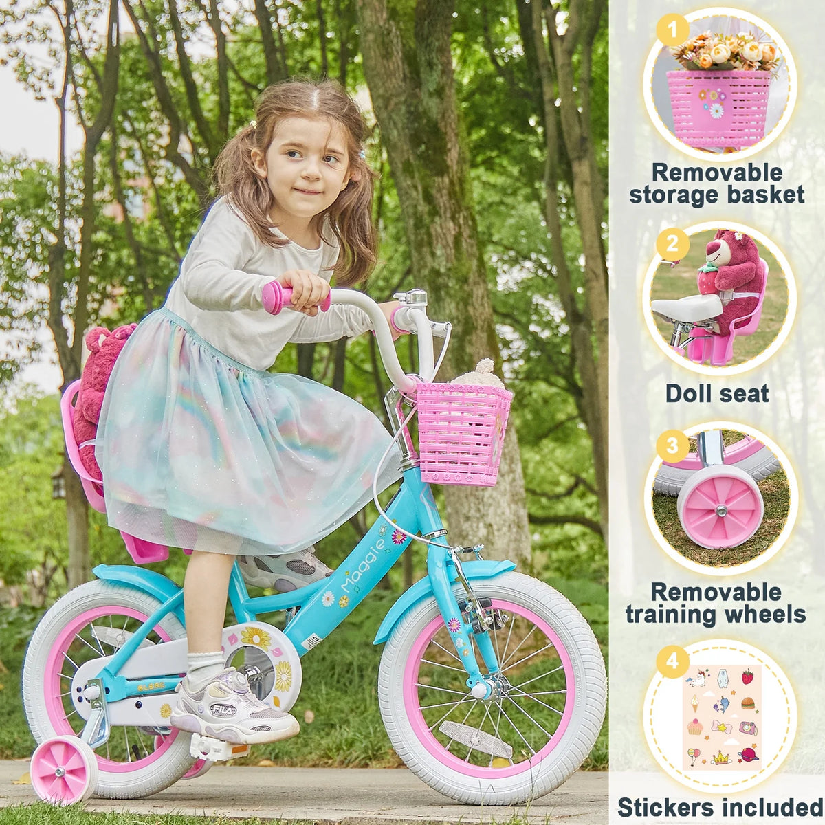 Vélo pour filles Glerc Maggie de 12 pouces pour enfants de 2 à 4 ans, Pêche