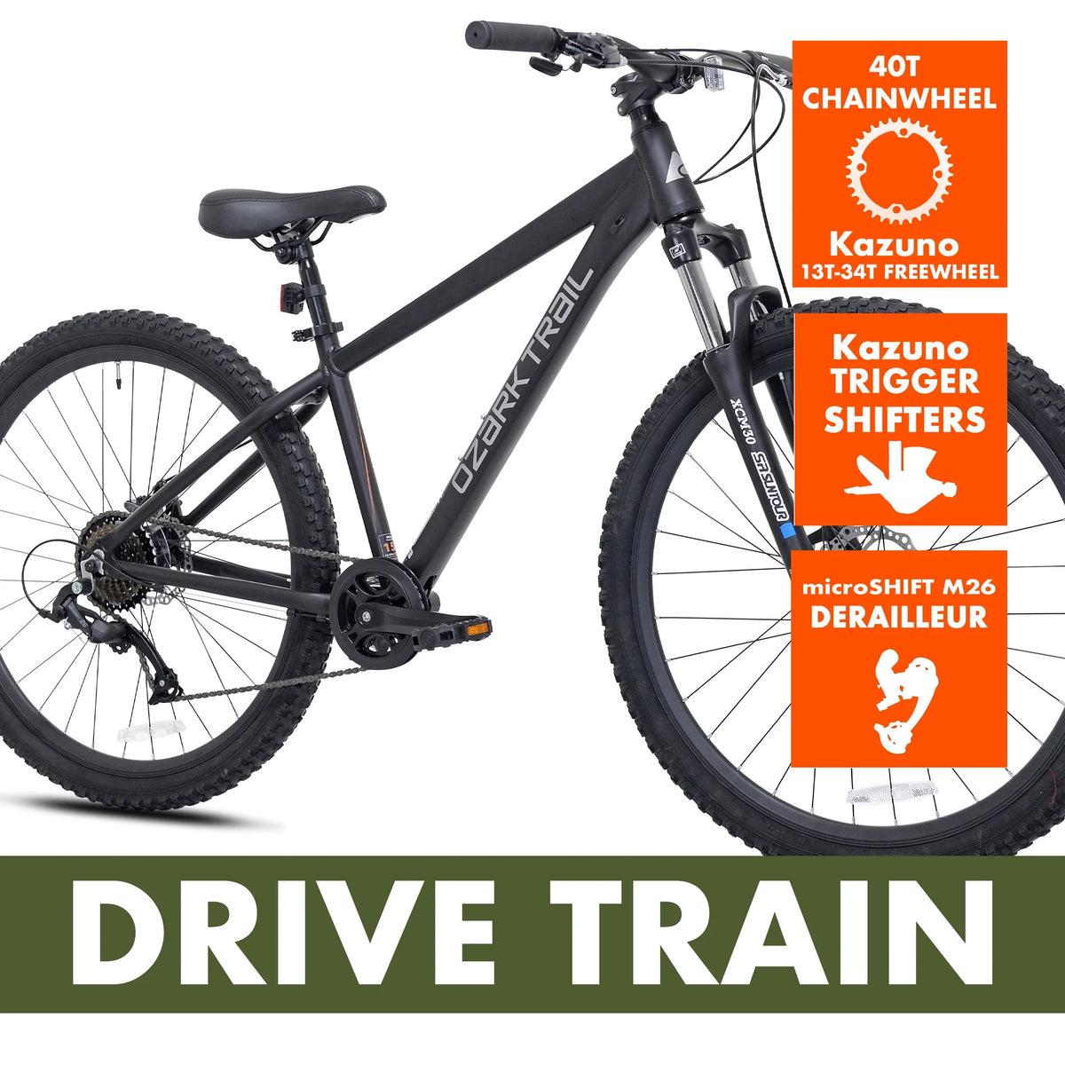 Vélo tout-terrain Ozark Trail 27.5 Vibe, Cadre petit, Convient aux cyclistes de 1,52 m à 1,68 m, Noir, Adulte, Unisexe