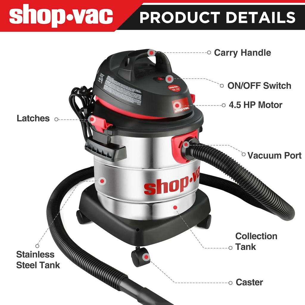 Shop-Vac 5989300, 20 litres, aspirateur électrique filaire eau et poussière 4,5 HP pour garage, argenté