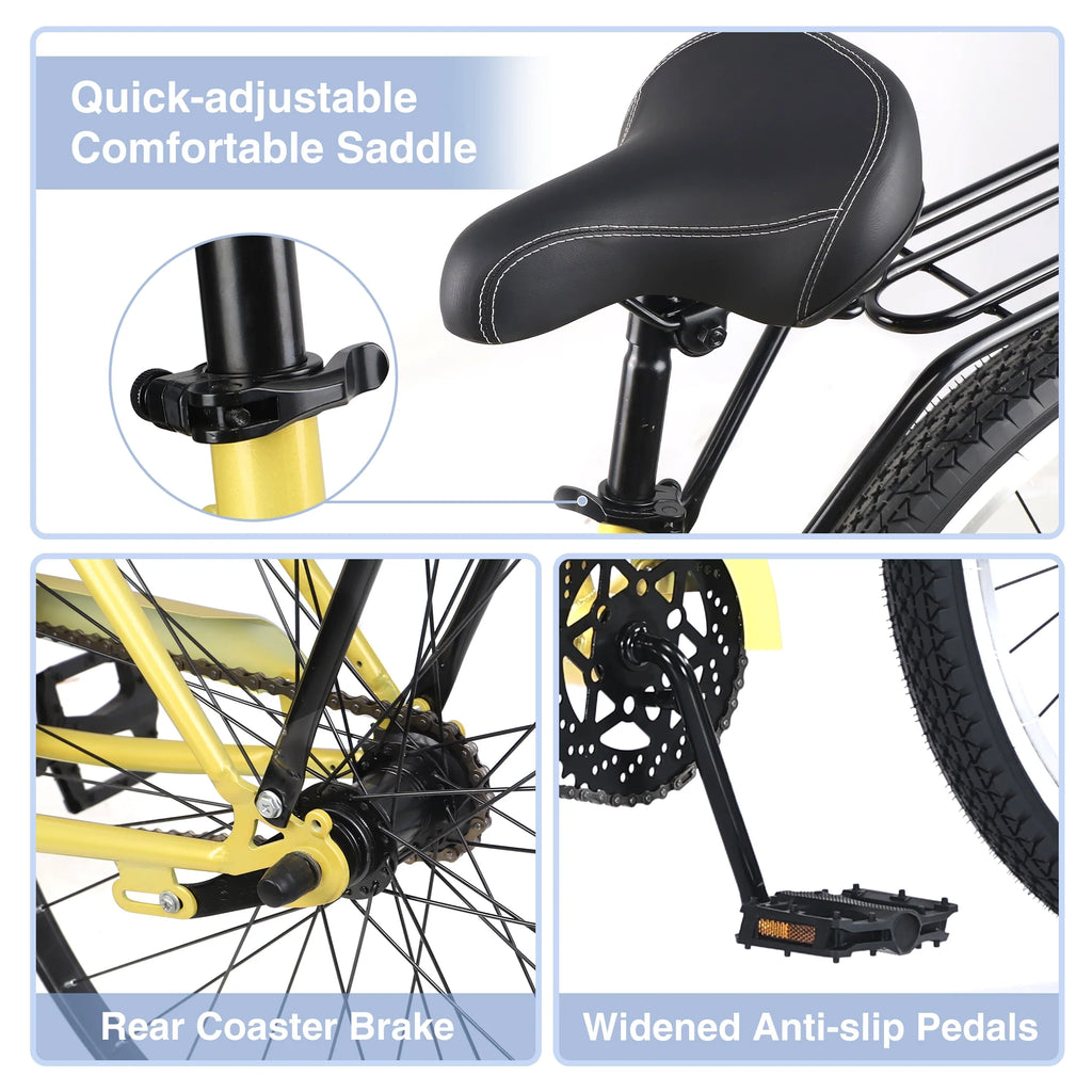 Vélo de plage 26 pouces, vélo à vitesse unique avec cadre en acier, pneus larges et frein à pédale arrière, vélo urbain confortable pour homme adulte, argenté