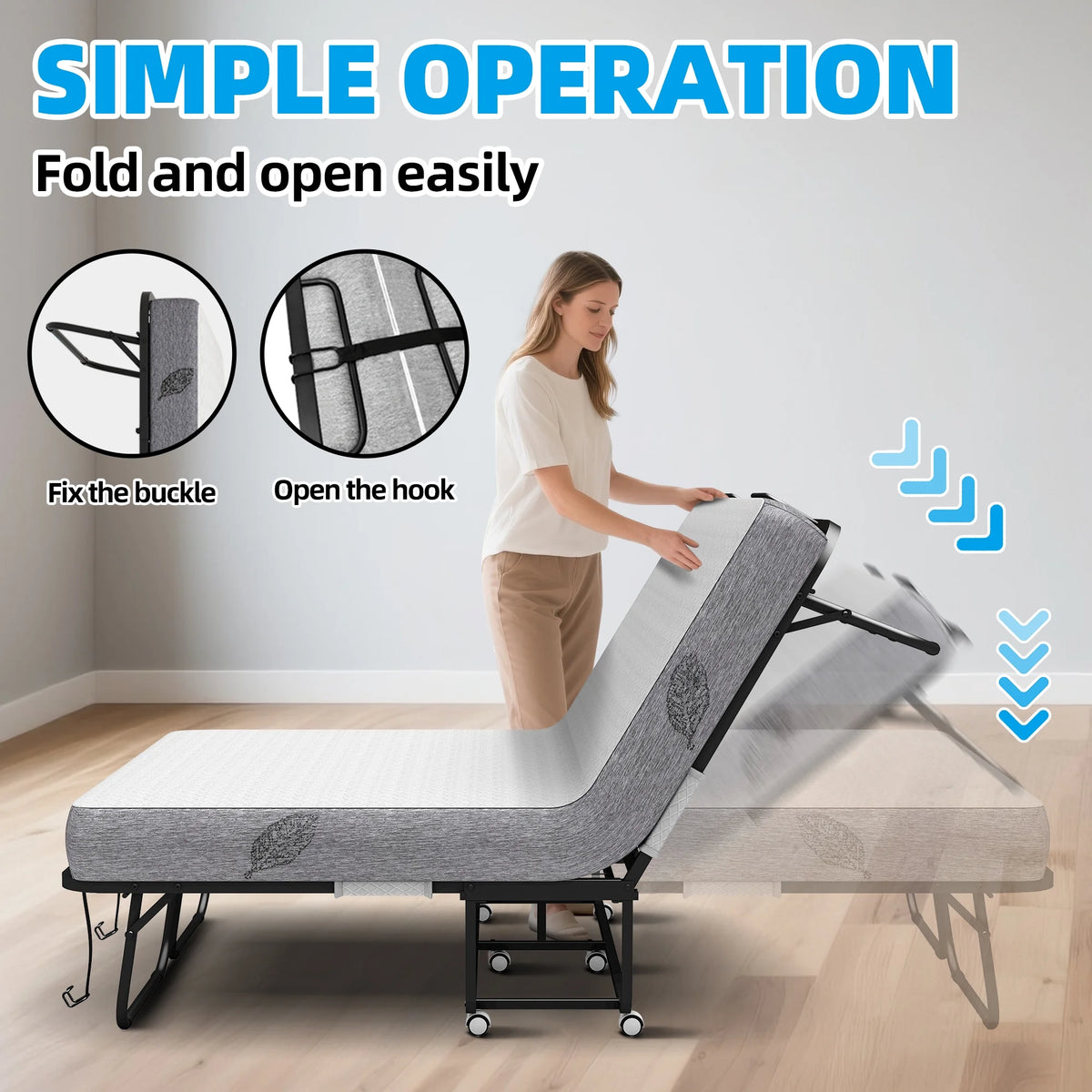 Lit pliant avec matelas 75 x 31 format lit de camp Lit plié, lit d'appoint sur roulettes portable et pliable lit supplémentaire pour adultes lit de repos avec matelas en mousse à mémoire de forme 5 cadre en grille métallique robuste peu encombrant