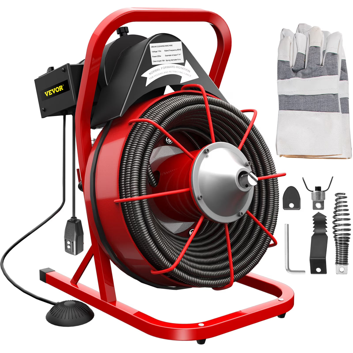 Machine de débouchage VEVORbrand 75 pi x 3/8 po, électrique 250 W, pour 1 à 4 tuyaux, avec foret, coupe-racines et gant
