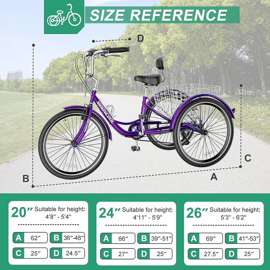 Tricycles pour adultes MOONCOOL avec panier arrière et pompe à pied, vélos à 3 roues 7 vitesses de 24 et 26 pouces, vélo à trois roues pour adultes avec dossier pour seniors, femmes et hommes