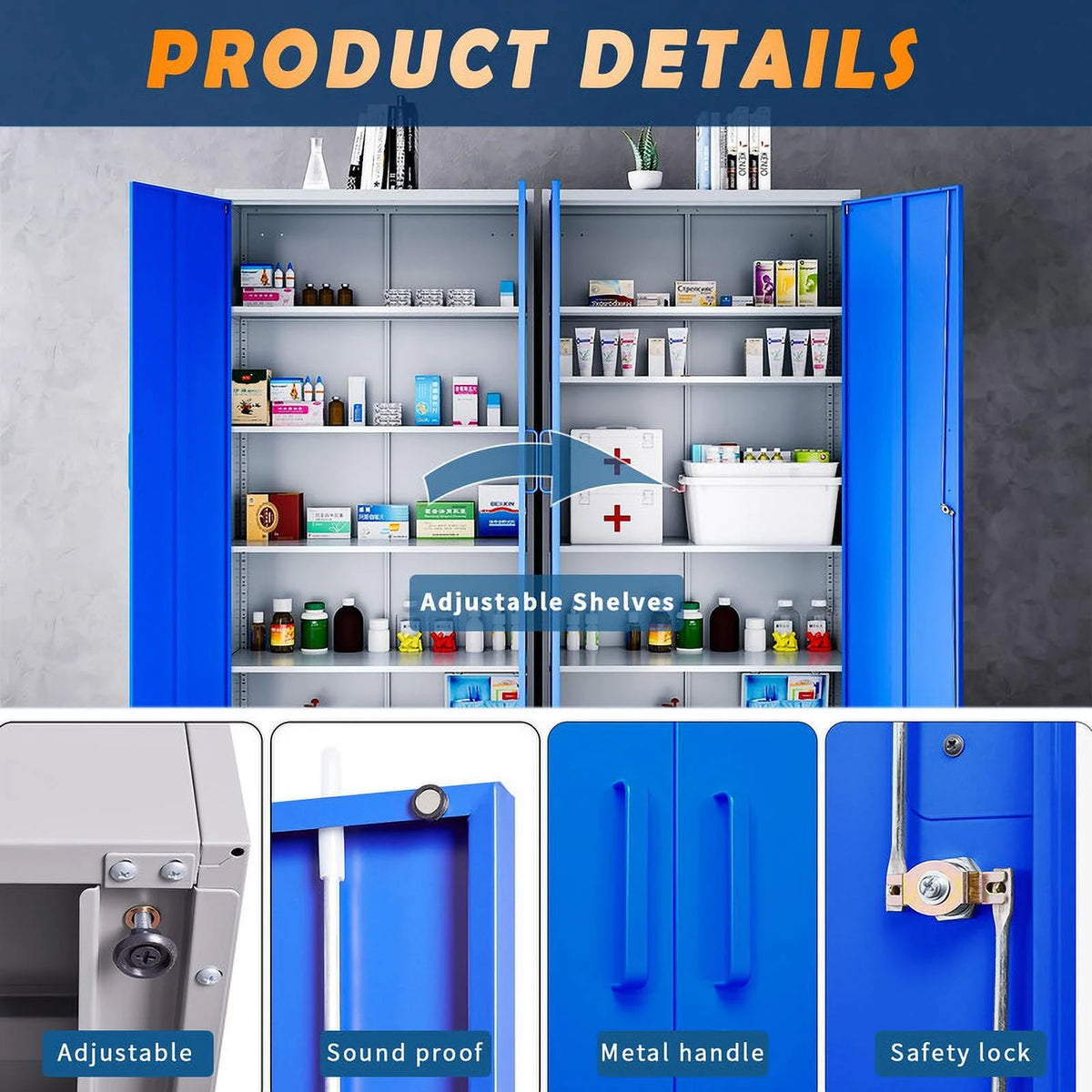 Armoire de rangement en métal Fesbos pour garage avec 2 portes et 4 étagères réglables - Classeur en acier verrouillable de 71, armoire à outils verrouillable pour bureau, maison, garage, salle de sport (Bleu)