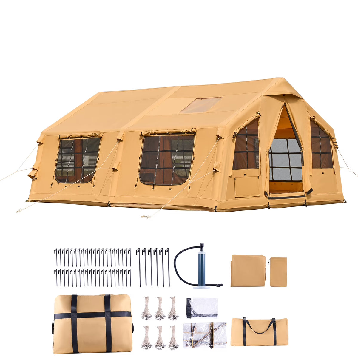 Tente gonflable KFFKFF pour le camping, 15,75 x 11,81 x 7,22 pi, tente gonflable de glamping pour 8 à 12 personnes, abri de camping gonflable, tente de vie en plein air avec deux puits de lumière et une sortie de cheminée