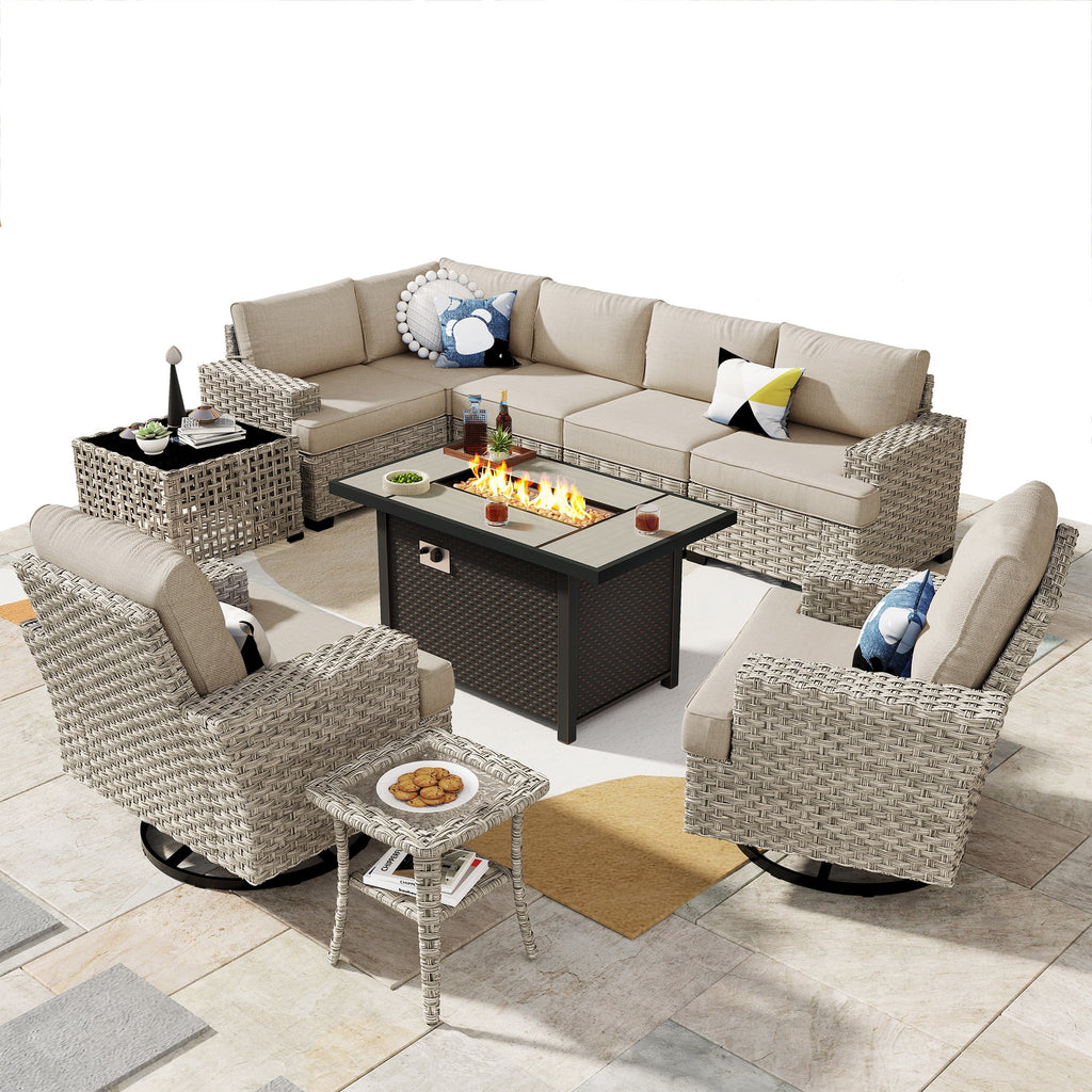 Ovios Salon de jardin modulable moderne en résine tressée toutes saisons à dossier haut, 10 pièces, avec table brasero au propane et fauteuil pivotant, gris foncé