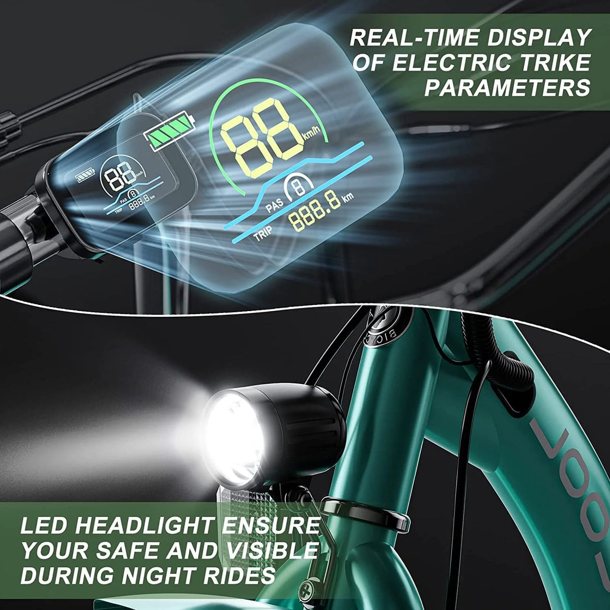 Tricycle électrique ABORON 350W, 7 vitesses, 24/26 pouces, motorisé, 3 roues, pour adultes, avec batterie au lithium 36V 10Ah certifiée UL, panier arrière
