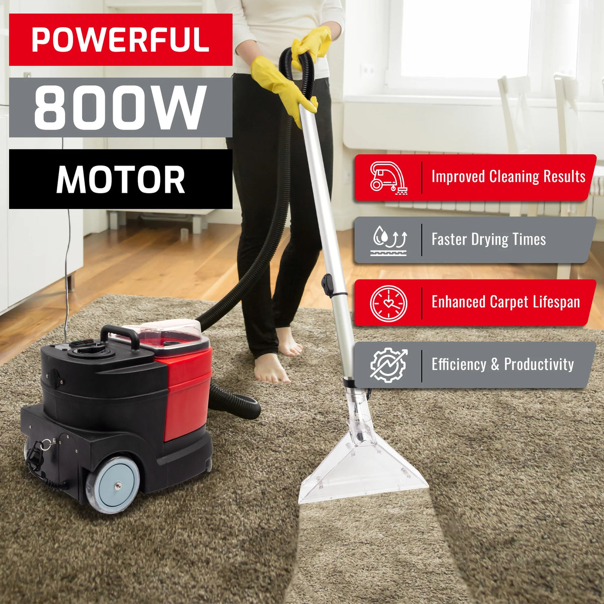 Machine à nettoyer par extraction pour tapis et tissus d’ameublement, moteur puissant de 1,07 CV, réservoir de 3,7 gal