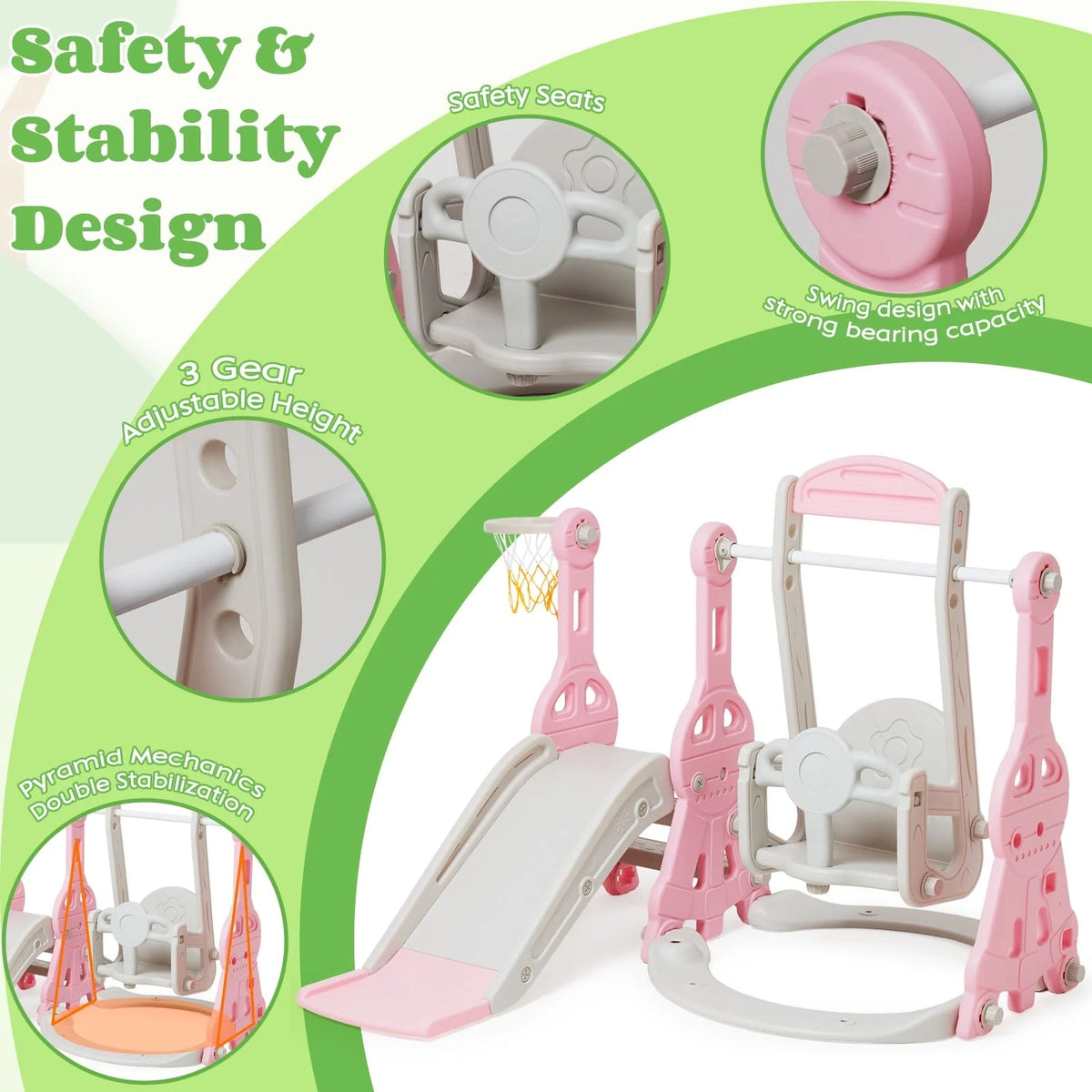 Ealing   Ensemble toboggan et balançoire 4 en 1 pour tout-petit   Structure de jeu avec toboggan d'intérieur et d'extérieur pour bébé   avec panier de basket-ball & Toboggan balançoire de jardin pour garçons et filles Longueur du toboggan : 11,02' L Rose