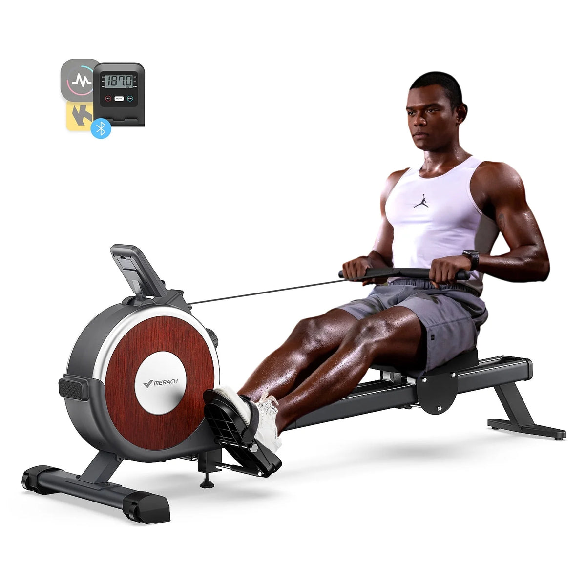 Rameur magnétique MERACH, capacité de charge de 350 lb, 16 niveaux de résistance silencieuse, rameur Bluetooth pour l’entraînement à domicile